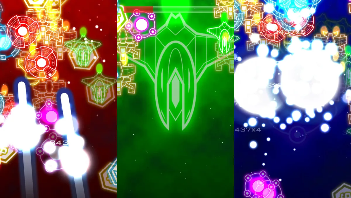 Key art: three gameplay panels in red, green and blue