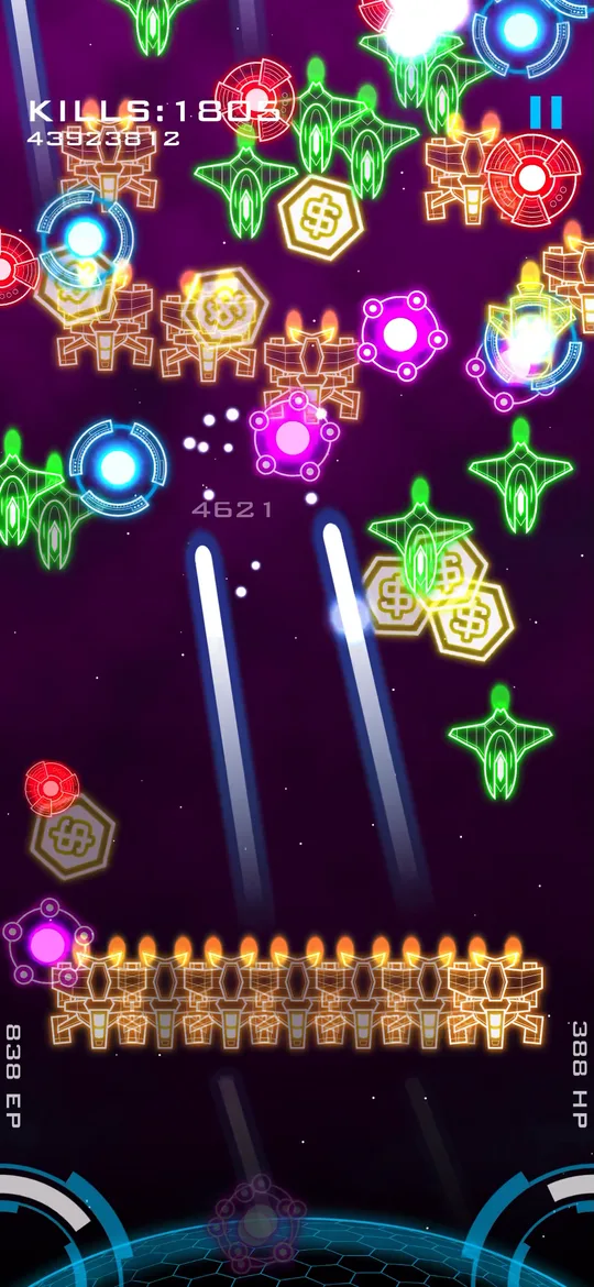 Lasers firing into a screen full of enemies