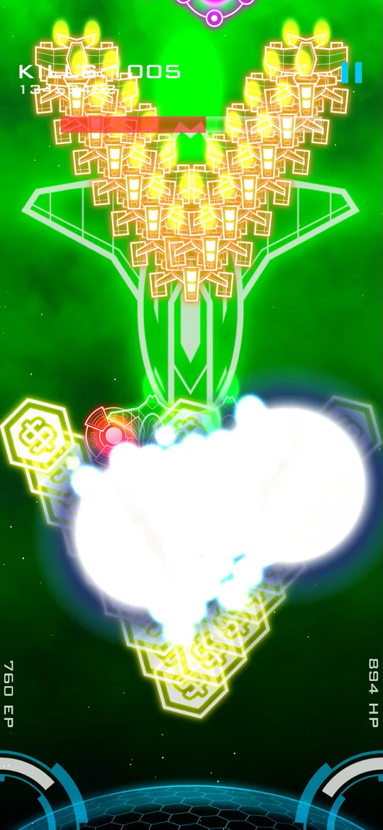 An energy bomb hitting a boss and its escort