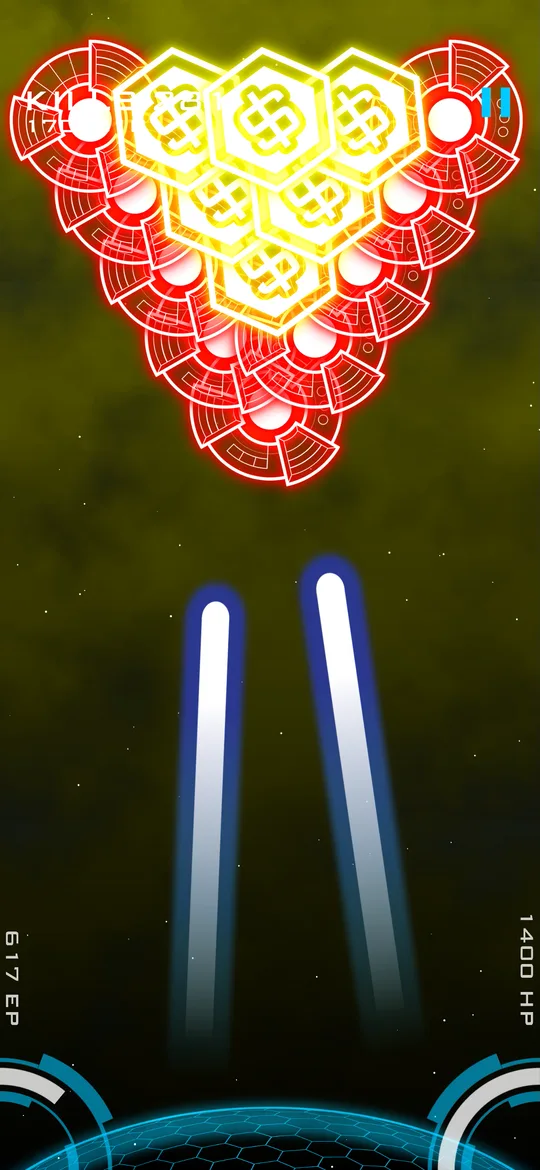 Two lasers aimed at a tight enemy formation