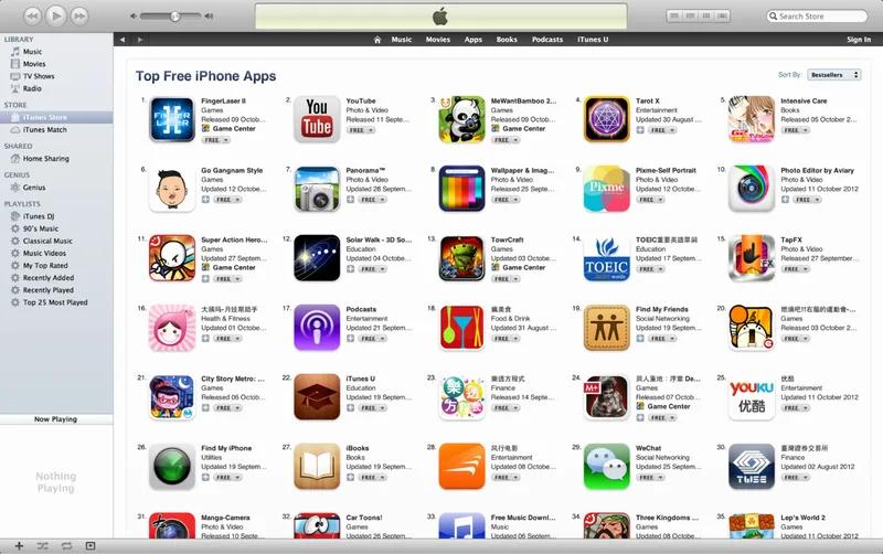 iTunes Top Free iPhone Apps chart, Taiwan, October 2012: FingerLaser II at No. 1, YouTube at No. 2