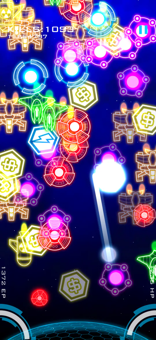 A neon laser cutting through a dense wave of enemy ships
