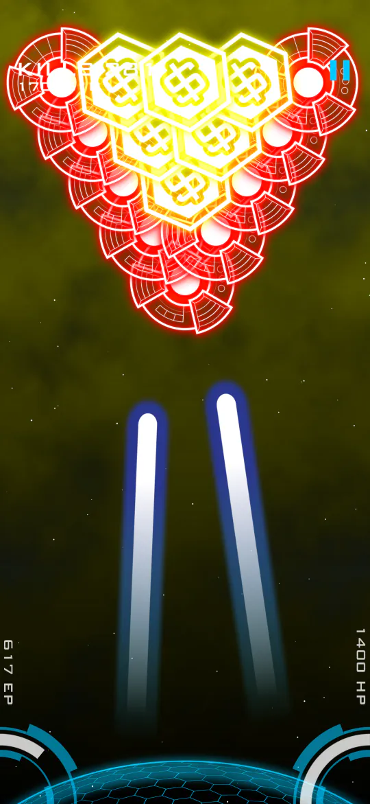 Two neon lasers firing at once at a cluster of enemies